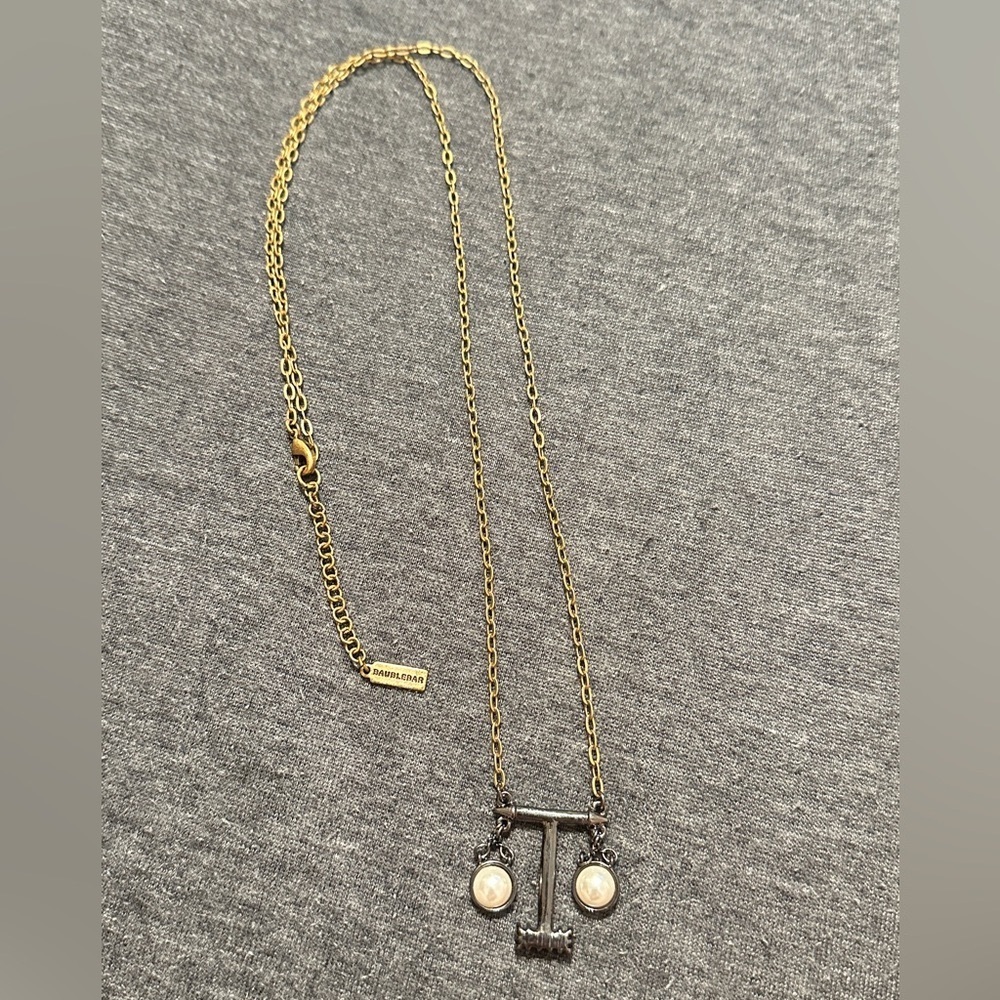 BaubleBar Two Tone Gold Necklace w Silver Libra Scale & Pearl & Diamond Accents